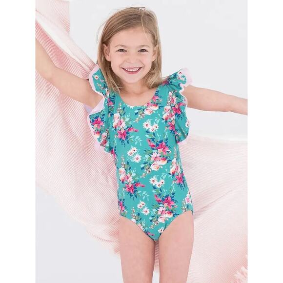 Ruffle Butts Girls Teal Fancy Me Floral Ruffle Bow One Piece Swimsuit Size 6 - Picture 1 of 9